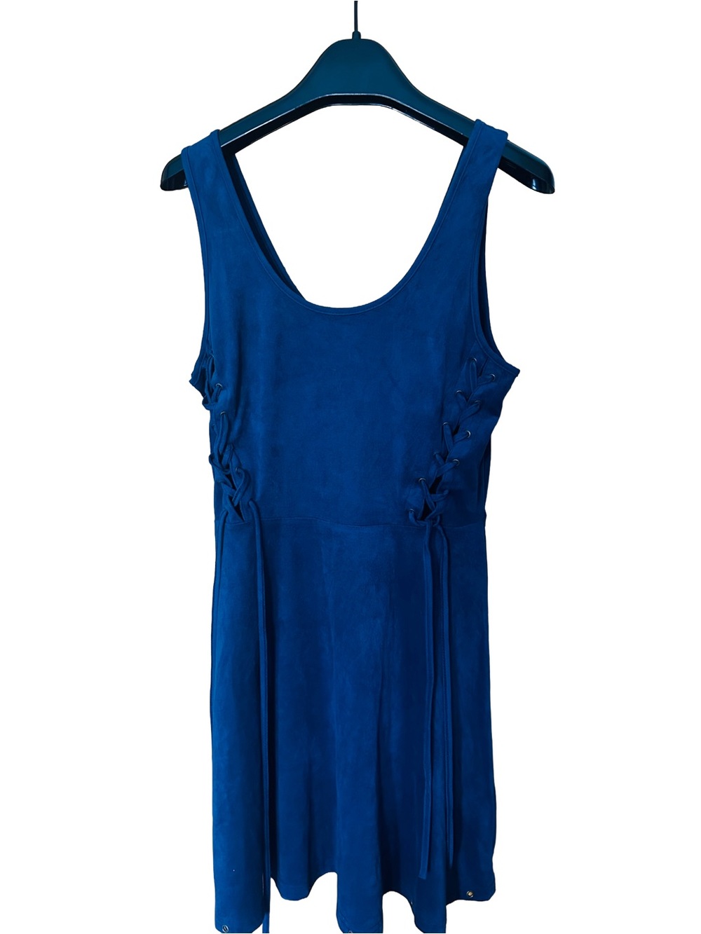 Blue Suede Mini Dress with Side Lace-Up Details